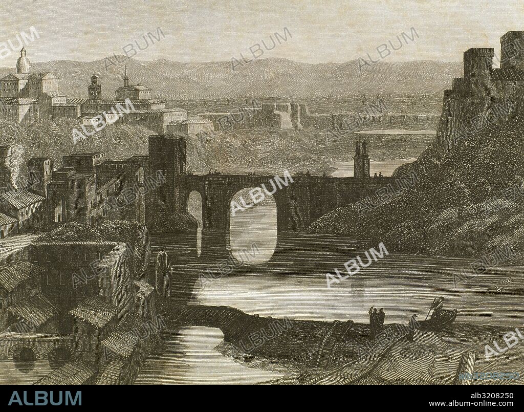 Spain. Toledo city in the 15th century. The Puente de Alca_ntara, a Roman arch bridge, spanning the Tagus River. Engraving, 1852.