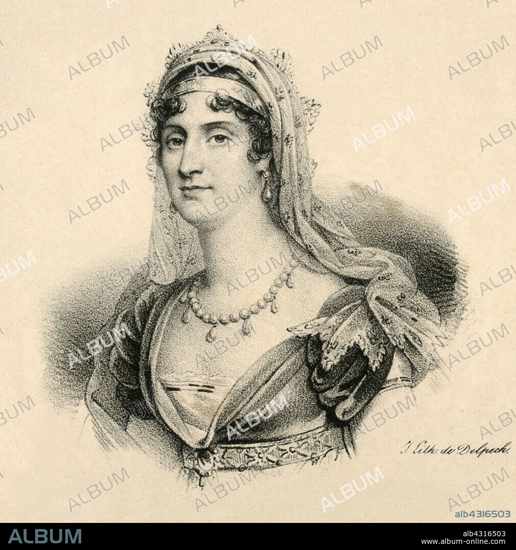 FRANCOIS-SERAPHIN DELPECH. 'Elisa. Grande-Duchesse de Toscanne',  (1777-1820), c1830. Elisa Bonaparte (1777-1820) Italian princess and Grand Duchess of Tuscany (1809-1814) by appointment of her brother Napoleon Bonaparte, his only sister with political power. From "Lith de Delpech". [Delpech, Paris].