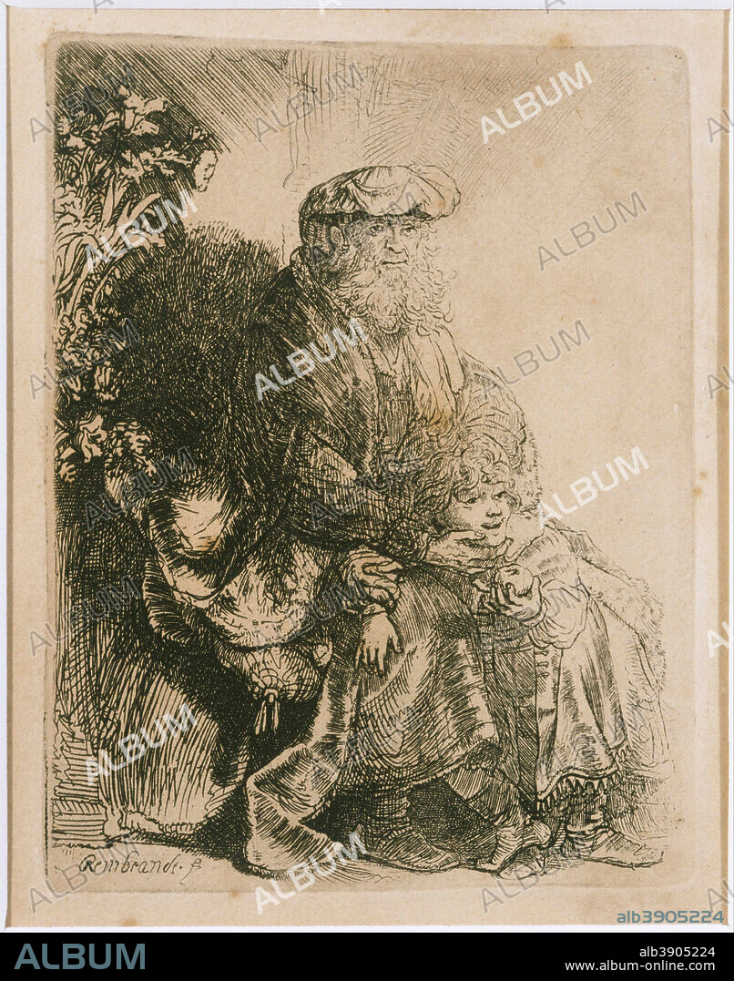 REMBRANDT. Jacob Caressing Benjamin. Date/Period: Ca. 1637. Works on Paper. Etching on paper. Height: 5.63 mm (0.22 in); Width: 4.38 mm (0.17 in).