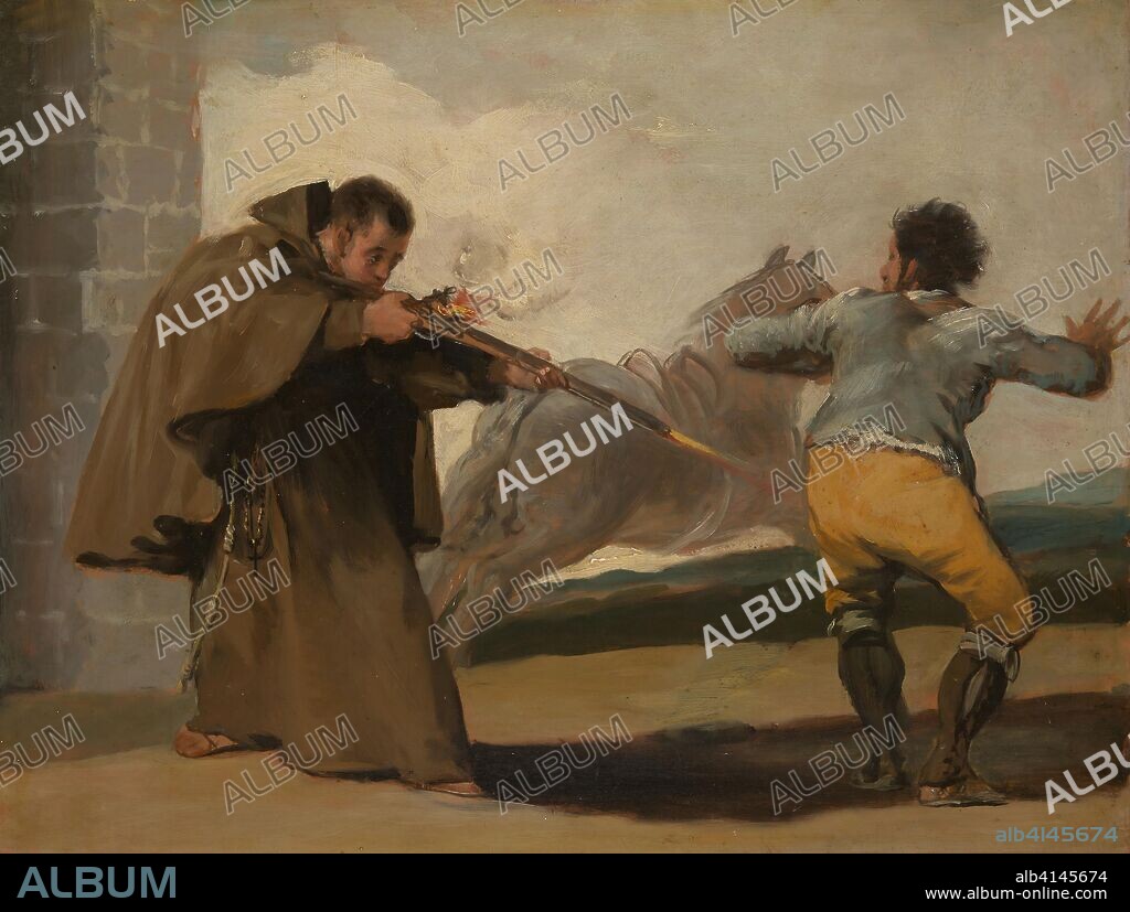 FRANCISCO DE GOYA. Friar Pedro Shoots El Maragato as His Horse Runs Off. Francisco José de Goya y Lucientes; Spanish, 1746-1828. Date: 1801-1811. Dimensions: 11 1/2 × 15 5/8 in. (29.2 × 38.5 cm). Oil on panel. Origin: Spain.