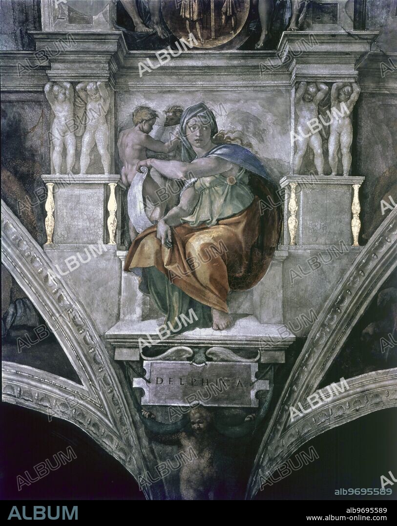 Sibyl - Delphica. Artist Buonarroti, Michelangelo (1475-1564). Location Vatican Museums and Galleries, Vatican City, Italy. Michelangelo di Lodovico Buonarroti Simoni, commonly known as Michelangelo, (March 6, 1475 - February 18, 1564) was a Renaissance sculptor, architect, painter, and poet. Michelangelo is famous for creating the fresco ceiling of the Sistine Chapel,. ©TopFoto.