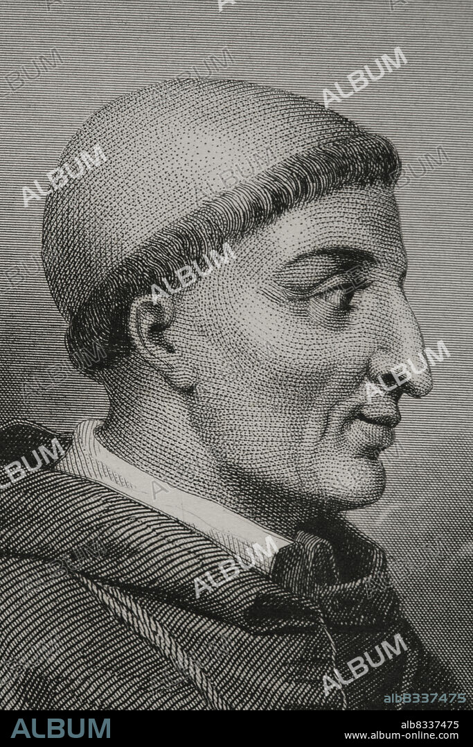 Francisco Jiménez de Cisneros, known as Cardinal Cisneros (1436-1517). Cardinal, archbishop of Toledo, Primate of Spain and 3rd General Inquisitor of Castile. Portrait. Engraving. Detail. "Historia Universal", by César Cantú. Volume IV, 1856.