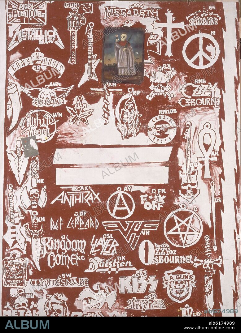 MANUEL OCAMPO. HEAVY METAL PINS SATAN WORSHIPS- 1998- VINILO/COLLAGE.