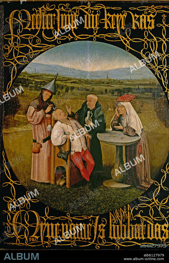 JHERONIMUS VAN AKEN-EL BOSCO-J. BOSCH. EL CURA DE LA DEMENCIA O LA EXTRACCION DE LA PIEDRA DE LA LOCURA - HACIA 1490 - O/T - 48,5 x 34,5 - NP 2056 - GOTICO FLAMENCO.