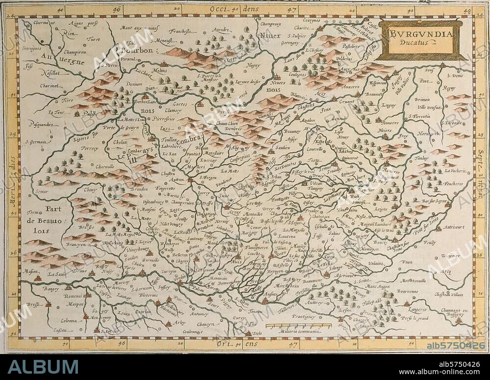 ANONYM. Burgund (Bourgogne, histor. Landschaft, heute Region im östl. Frankreich). "LE DUCHE DE BOURGOGNE". (Landkarte). Kupferstich, koloriert, undat. (17. Jh. ?). Paris, Privatsammlung.