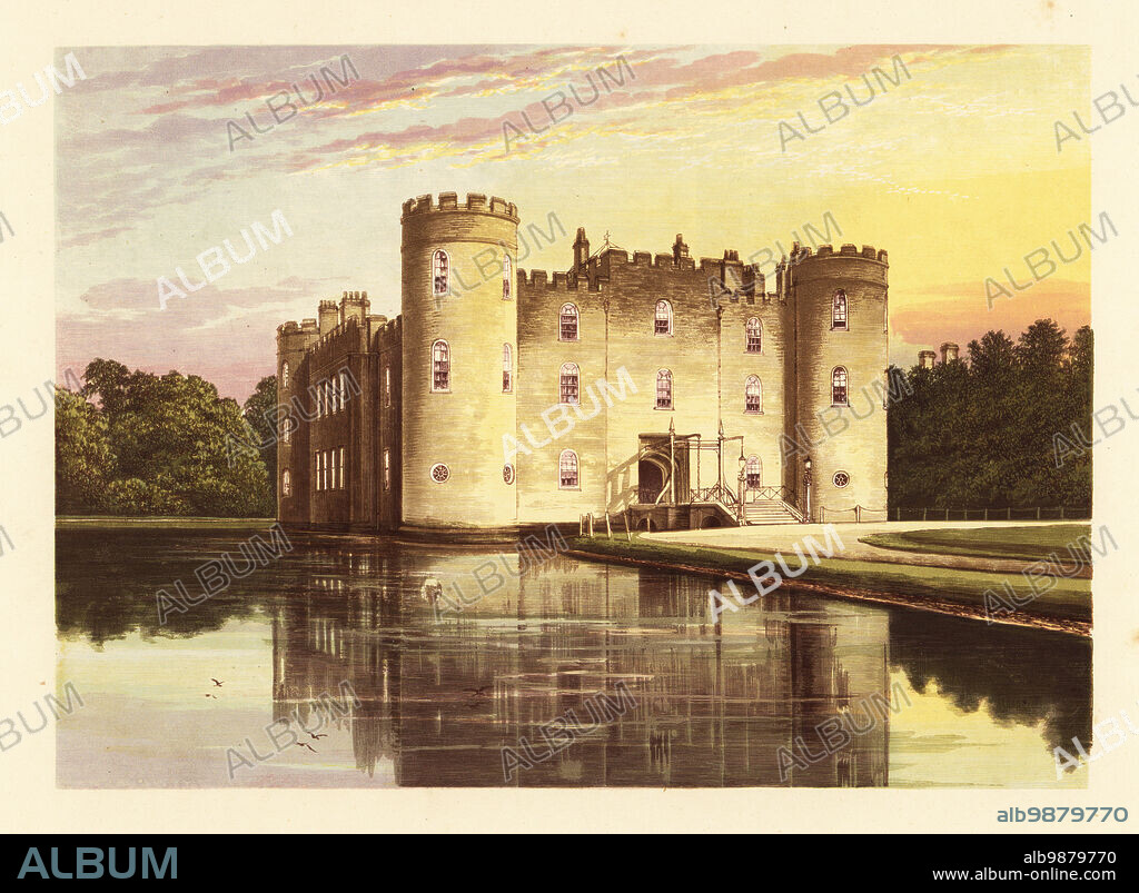 Shirburn Castle., Oxfordshire, England. Medieval castle with moat built in the 14th century remodelled in the Georgian style by Thomas Parker, Baron Macclesfield, in the 18th century, and again in the 19th century with Regency drawbridge and Gothic gatehouse. Colour woodblock by Benjamin Fawcett in the Baxter process of an illustration by Alexander Francis Lydon from Reverend Francis Orpen Morriss Picturesque Views of the Seats of Noblemen and Gentlemen of Great Britain and Ireland, William Mackenzie, London, 1880.