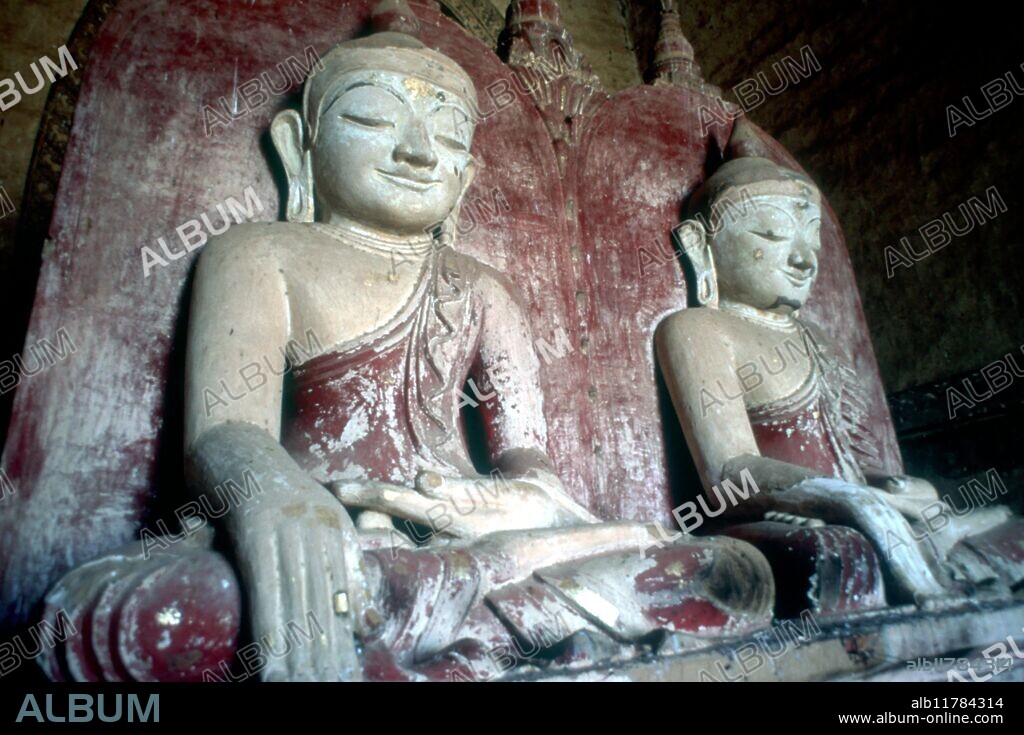Statues of Buddha in Sulamani temple (late 12th century) at Bagan, Myanmar (Burma). The Sulamani Temple is a Buddhist temple located in the village of Minnanthu (southwest of Bagan) in Myanmar. The temple is one of the most-frequently visited in Bagan. It was built in 1183 by King Narapatisithu, and is similar to the Thatbyinnyu Temple in design. The Sulamani Temple also shows influence from the Dhammayangyi Temple, and was the model for the Htilominlo Temple. Sulamani Temple was restored after the 1975 earthquake, and utilises brick and stone, with frescoes in the interior of the temple. ©TopFoto / Fortean *** Local Caption ***.