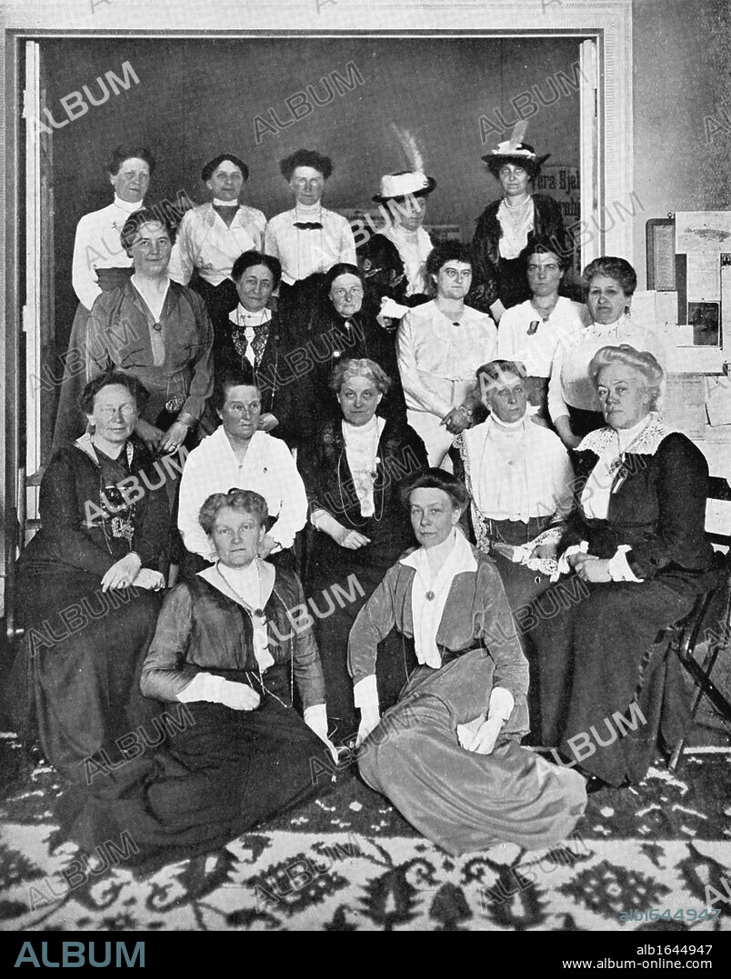 International Woman Suffrage Alliance - 1914. In centre of seated row is Carrie Chapman Catt (1859-1947), American feminist leader. 2nd from left Millicent Garrett Fawcett (1847-1929), leader of British women's suffrage movement.