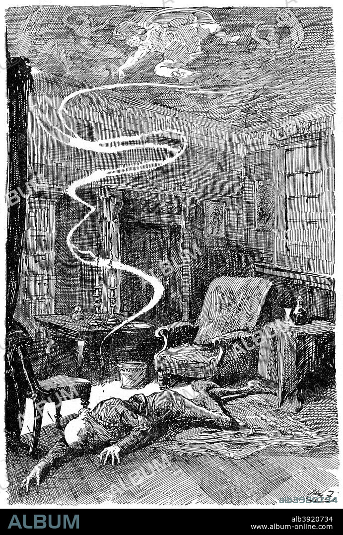 The death of Mr Tulkinghorn, 1912. Illustration of a scene from Bleak House by Charles Dickens, published in 1852-1853. A print from The Bookman, February 1912.