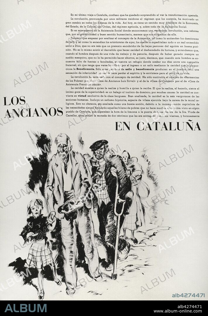 Revista "Nova Iberia", número 2, febrero de 1937. Revista del Comissariat de Propaganda de la Generalitat de Catalunya, editada entre enero y abril de 1937. Su finalidad consistía en explicar las actividades de la Cataluña republicana, y concienciamiento de la población. "Los ancianos en Cataluña". Artículo firmado por Gaston Desheures. Biblioteca Histórico-Militar de Barcelona. Cataluña. España.