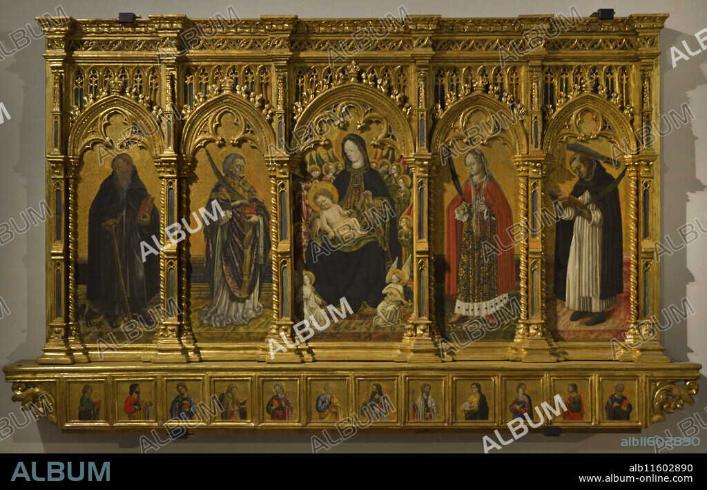 BENEDETTO BEMBO (CA. 1423-1489). ITALIAN PAINTER.. Benedetto Bembo (h. 1423-1489). Pintor italiano. Políptico de Torchiara, 1462. En el centro, la Virgen con el Niño y ángeles. De izquierda a derecha: San Antonio Abad, San Nicomedes, Santa Catalina de Alejandría y San Pedro Mártir. En la predela, los Doce Apóstoles. Temple sobre tabla transferido a lienzo, excepto la predela. Madera tallada, marco dorado y pintado (123 x 229 x 25 cm). Pinacoteca del Castello Sforzesco, Milán, Italia.