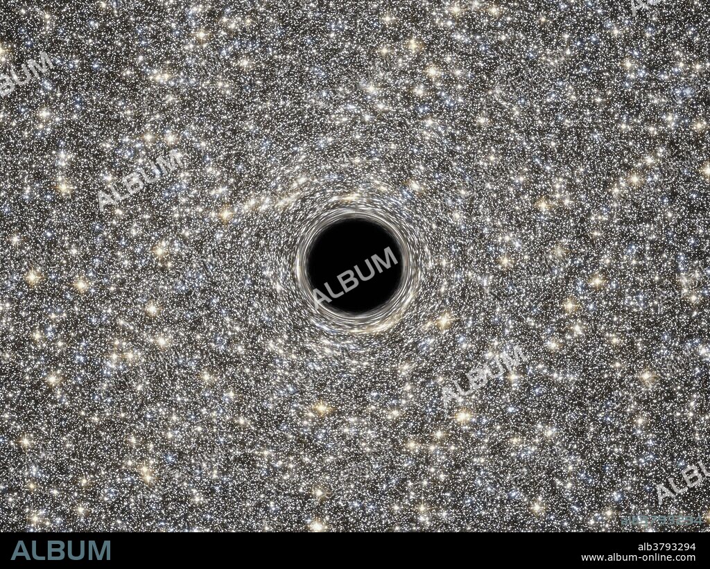 This is an illustration of the supermassive black hole located in the middle of the very dense galaxy M60-UCD1. It weighs as much as 21 million times the mass of our Sun. Lying about 50 million light-years away, M60-UCD1 is a tiny galaxy with a diameter of 300 light-years, just 1/500th of the diameter of the Milky Way. Despite its size, it contains some 140 million stars. Because no light can escape from the black hole, it appears simply in silhouette against the starry background. The black hole's intense gravitational field warps the light of the background stars to form ring-like images just outside the dark edges of the black hole's event horizon. Combined observations by the NASA/ESA Hubble Space Telescope and NASA's Gemini North telescope determined the presence of the black hole inside M60-UCD1.