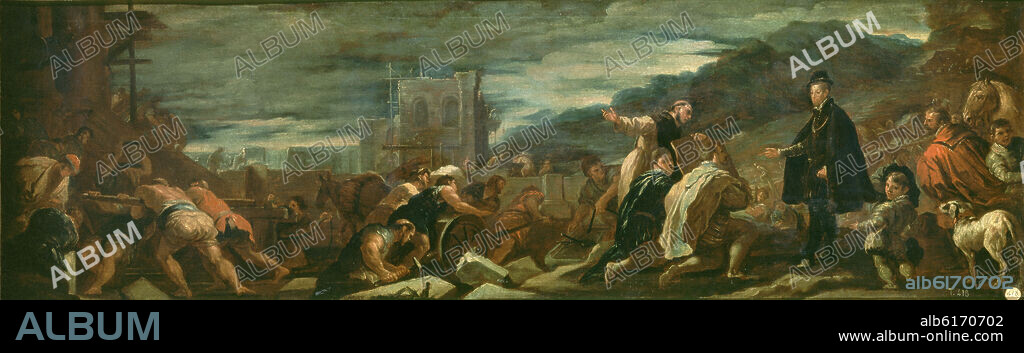 LUCA GIORDANO. 'Felipe II, con sus arquitectos, inspecciona las obras de El Escorial', ca. 1692, Oil on canvas, 53 cm x 168 cm, P00189.