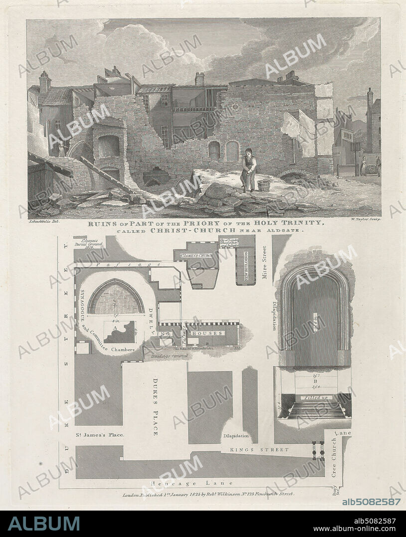 Ruins of Part of the Priory of the Holy Trinity called Christ-Church near Aldgate, William Deane Taylor, 17941857, after Robert Bremmel Schnebbelie, active 18031849, 1825, Engraving, Sheet: 12 5/8 x 10in. (32.1 x 25.4cm).
