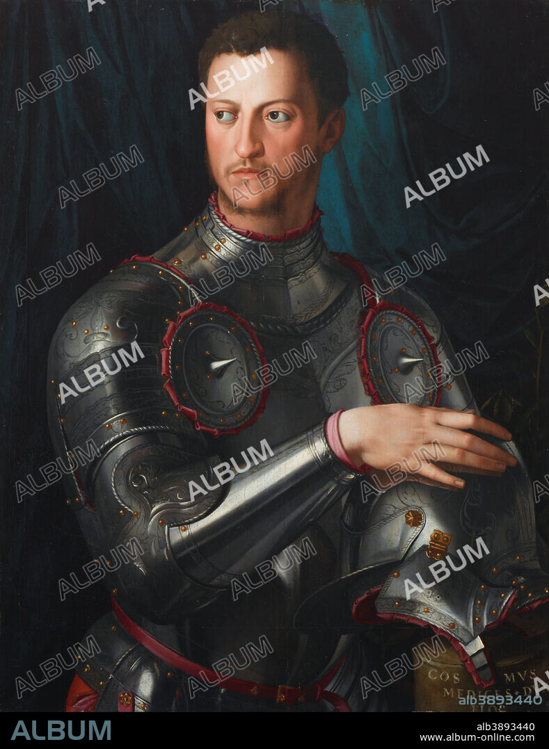 IL BRONZINO. Cosimo I de' Medici in armour. Date/Period: Ca. 1545. Painting. Oil on poplar. Height: 1,175 mm (46.25 in); Width: 985 mm (38.77 in).