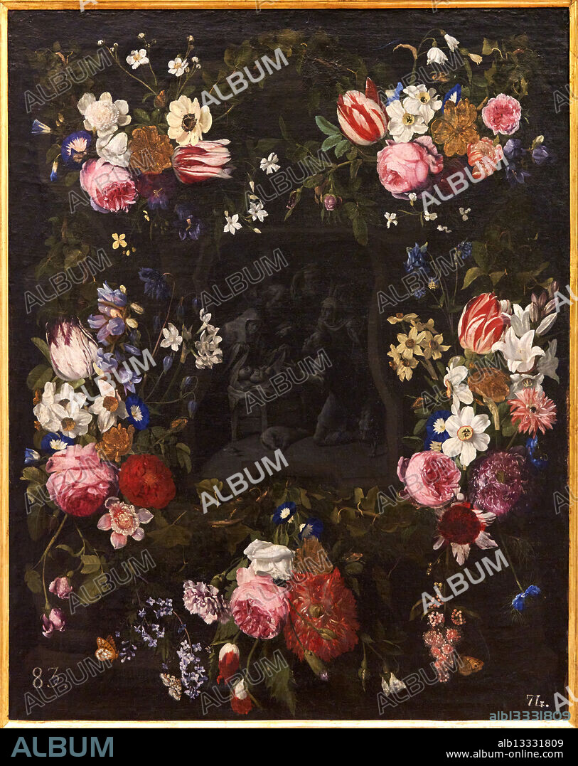 Guirnalda de flores con temas religiosos en el centro, Two garlands of flowers with religious themes in the centre, DANIEL SEGHERS (1590-1661), Museo de Bellas Artes de Valencia, Comunidad Valenciana, Spain.