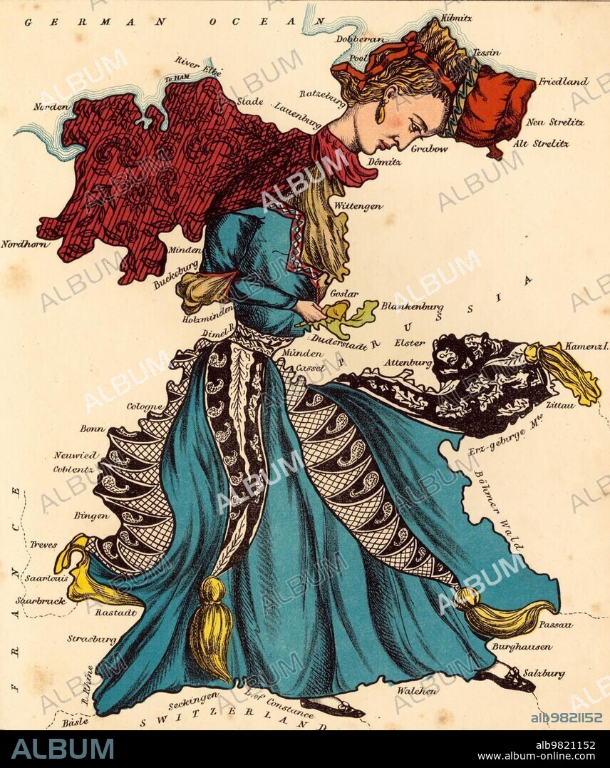 Personified Map, c. 1880, Germany, depicted as a dancing lady, Historic, digitally restored reproduction from a 19th century original