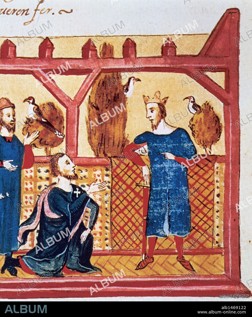 HISTORIA MEDIEVAL. S. XIII. ENTREVISTA DE ALCAÑIZ EN SEPTIEMBRE DEL AÑO 1232 ENTRE HUGO DE FORCALQUIER, ARRODILLADO, Y BLASCO DE ALAGON, SEÑOR DE MORELLA, PROPONIENDO AL REY JAIME I LA CONQUISTA DEL REINO DE VALENCIA. Miniatura del "LLIBRE DELS FEYTS" o "CRONICA DEL REY JAUME I". Manuscrito de POBLET fechado en el año 1343.