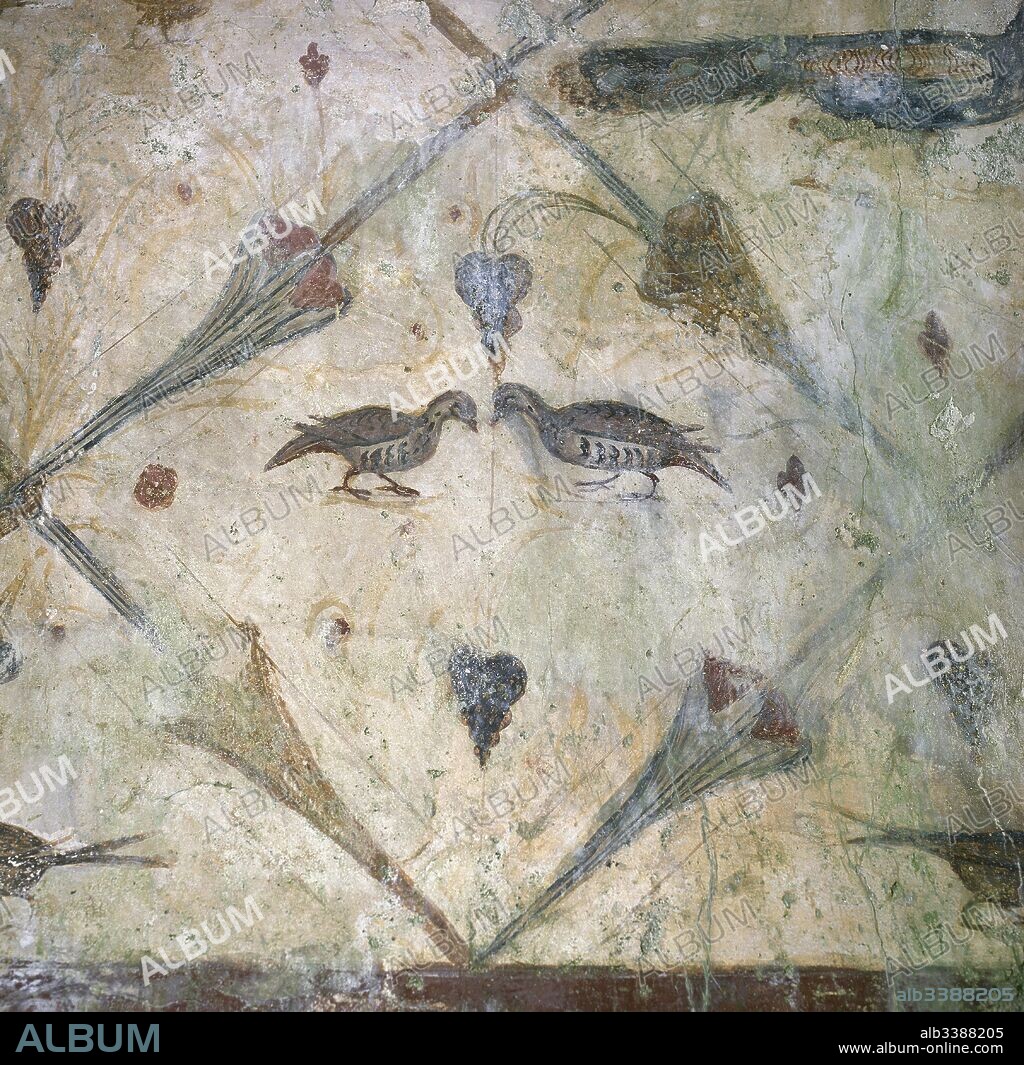 Arte Paleocristiano. Ninfeo de Santa Eulalia de Bóveda. Antiguo templo pagano romano que posteriormente fue transformado en basílica romano-cristiana. Detalle de sus pinturas murales en las que aparecen diferentes aves y vegetales. Provincia de Lugo. Galicia. España.