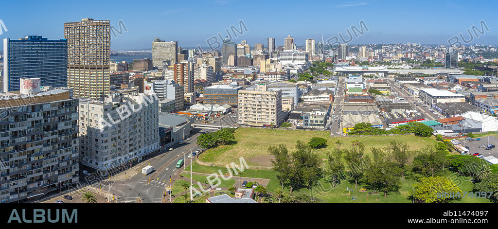 Elevated view of Durban city skyline, Durban, KwaZulu-Natal Province, South Africa, Africa.
