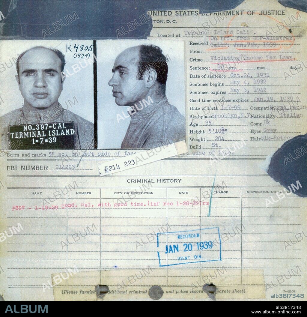 Alphonse Gabriel "Al" Capone (January 17, 1899 - January 25, 1947) was an American gangster. In his early 20s, he moved to Chicago and became bodyguard for Johnny Torrio, head of a criminal syndicate. Torrio retired and gave control to Capone who expanded the bootlegging business through increasingly violent means. Capone made donations to various charities and was viewed by many to be a "modern-day Robin Hood". The Saint Valentine's Day Massacre damaged Chicago's image, as well as Capone's, leading influential citizens to demand governmental action and newspapers to dub him; Public Enemy No. 1. The federal authorities prosecuted him for tax evasion in 1931, a federal crime and a novel strategy during the era. He was convicted and sentenced to 11 years in federal prison. He was already showing signs of syphilitic dementia early in his sentence, and he became increasingly debilitated before being released after eight years. He died in 1947, of cardiac arrest, at the age of 48.