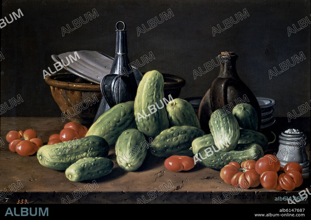 LUIS MELENDEZ. BODEGON: PEPINOS, TOMATES Y RECIPIENTES - 1774 - OLEO/LIENZO - 416x625 cm - NP 930 - BARROCO ESPAÑOL.