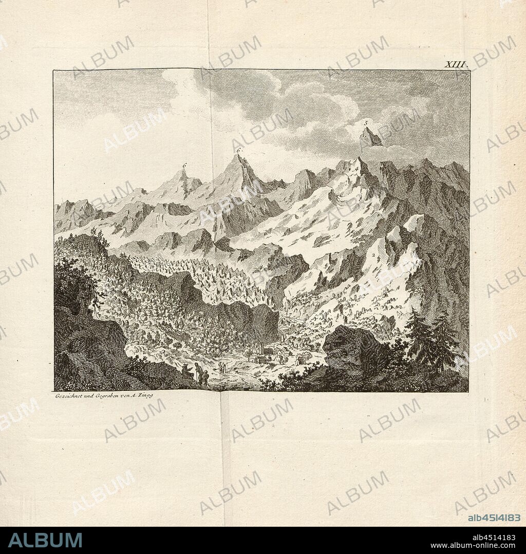 The cluster of Faucigny, View of the village Chamonix with the glacier in the background, signed: A. Zingg, Fig. 15, XIII, after S. 372, S. 410, Zingg, Adrian (gezeichnet und gegraben), 1770, Gottlieb Sigmund Gruner; Louis-Félix Guinement de Keralio: Histoire naturelle des glacieres de Suisse. Paris: Panckoucke, MDCCLXX [1770].