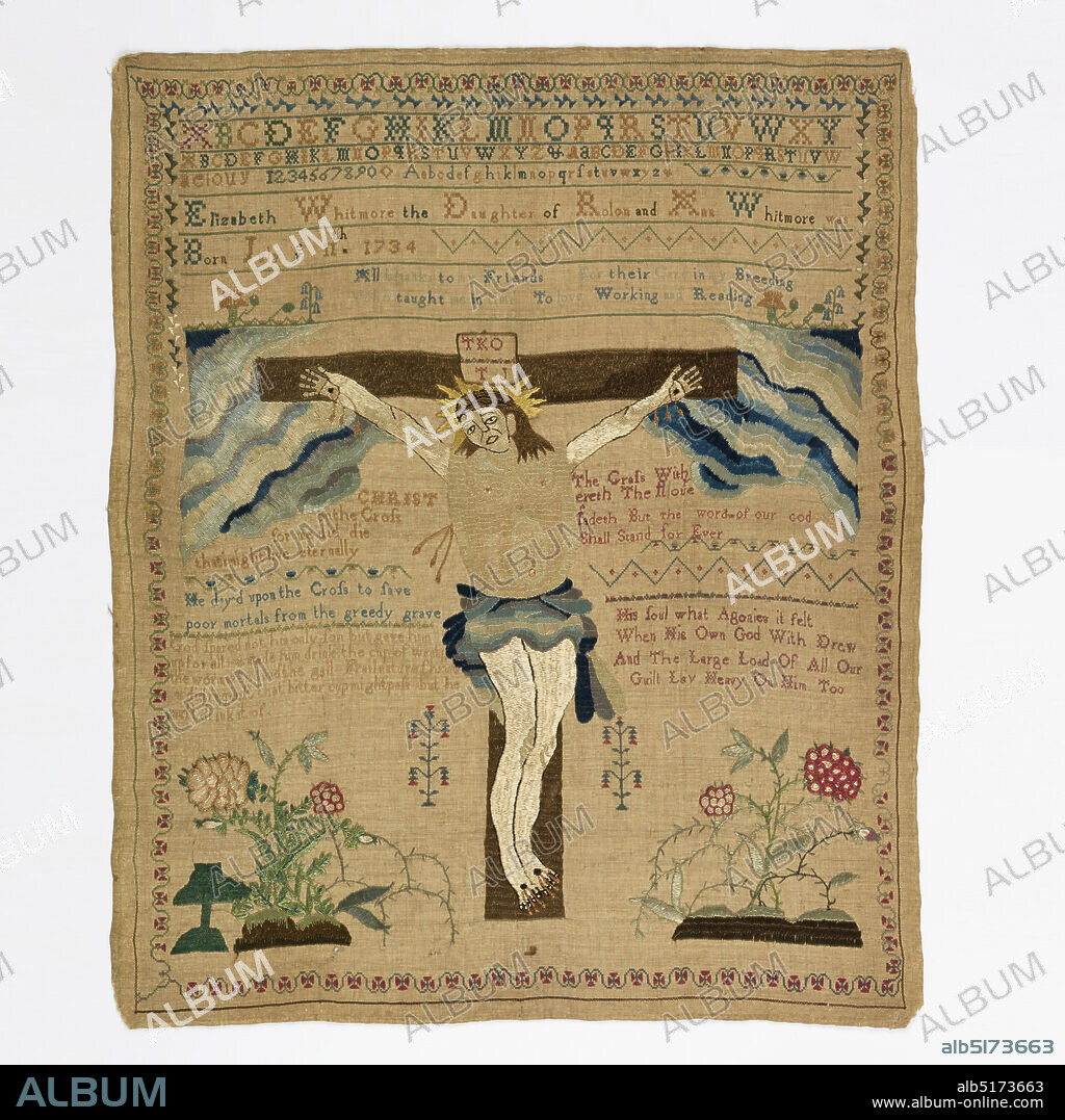 Sampler, Elizabeth Whitmore, Medium: silk embroidery, linen foundation Technique: cross, satin, buttonhole and chain stitches on plain weave, Alphabets, numbers, verses, and the Crucifixion. Signature: 'Elizabeth Whitmore the daugher of Rolon and Ann Whitmore was born July ye 11th 1734.', England, ca. 1745, embroidery & stitching, Sampler.