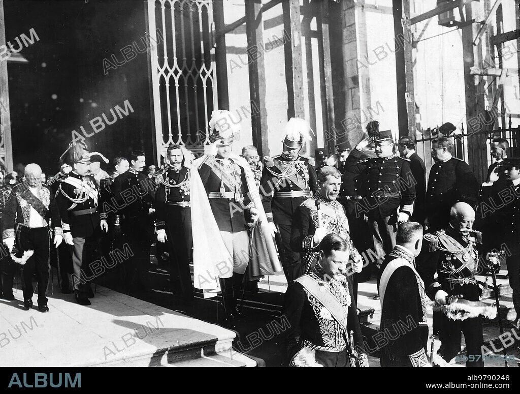 1908. King Charles I of Portugal and Prince Manuel leaving the Te Deum.