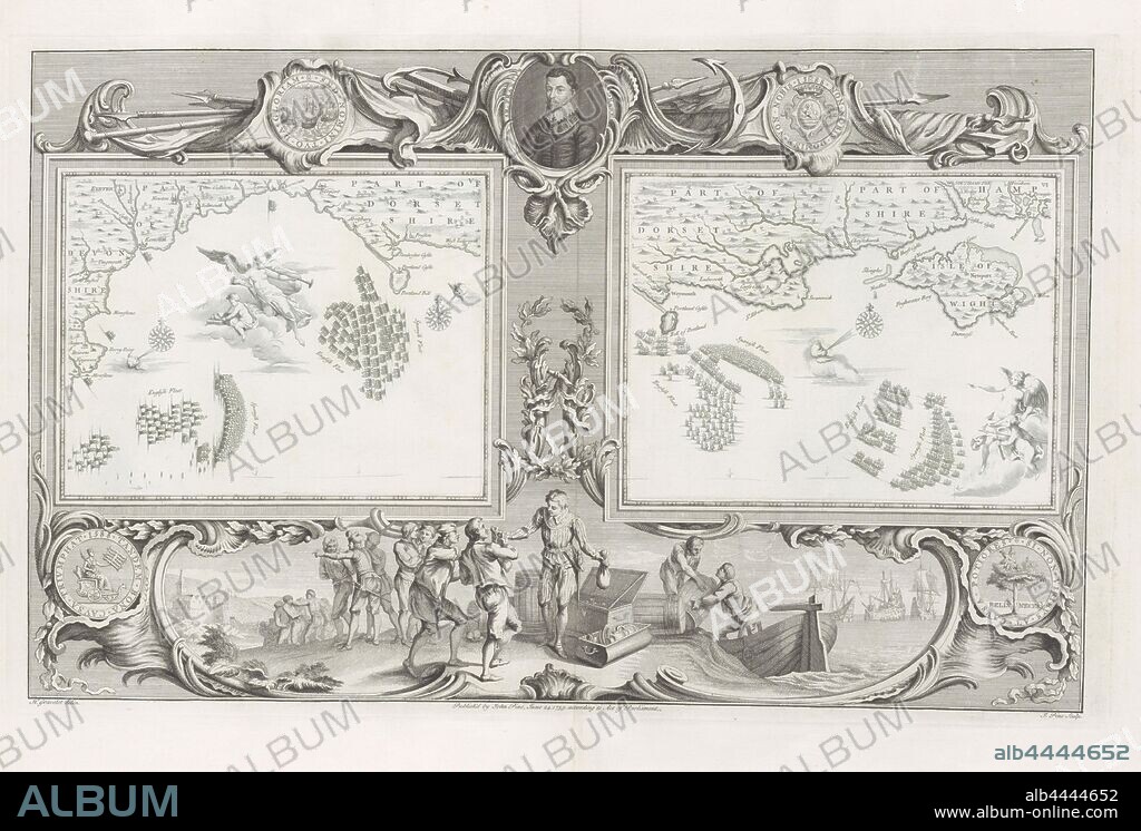 Maps of the Spanish Armada (July 22 and 24, 1588), Two cards (V-VI) with the Spanish and English fleet in The Channel near the Isle of Portland and Weymouth, within an ornamental frame. At the top in the frame is a cartouche with the portrait of Francis Drake. Between the anchors, spears and banners a commemorative coin with three ships on one side and the Zeeland weapon on the other. Bottom left a coin depicting Queen Elizabeth I in a triumphal cart, with palm branch and a book with the first words of the Lord's Prayer in Dutch. On the reverse of the coin, shown on the right, is a tree with a bird's nest in the branches. The birds defend themselves against a bird of prey in the sky. In the middle, Francis Drake hands out money to his crew from a captured galleon. In addition, the prisoners are taken away. The show is part of a book about the Spanish Armada and the carpets made for it by Charles Howard, battle (naval force), medals and other marks of military honor, prisoner of war (after the battle), division of the spoils of war, English Channel, Francis Drake (1540-1596), Elizabeth I Tudor (Queen of England), John Pine (mentioned on object), London, 24-Jun-1739, paper, etching, h 178 mm × w 235 mm × h 180 mm × w 235 mm × h 386 mm × w 622 mm.