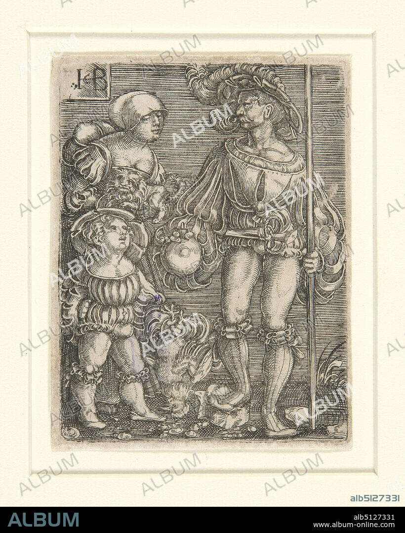 Artist: Jacob Binck, German, 15001569, Foot Soldier with Woman and Child, ca. 1530, Engraving, sheet: 6.3 × 4.8 cm (2 1/2 × 1 7/8 in.), Made in Germany, German, 16th century, Works on Paper - Prints.