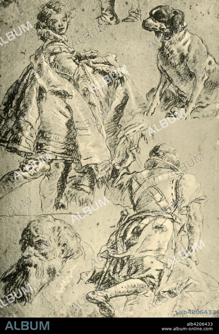 'Detail Studies for the Frescoes in the Kaisersaal in the Residence at Würzburg', 1751-1752, (1928). 'Studies for the Confirmation of Bishop Harald as Duke of Franconia', red chalk on paper. Study for fresco in the Kaisersaal of the Würzburg Residence, Germany. At one time known to have been in the collection of Herr FW Boehler, Lucerne, Switzerland. Italian Venetian painter and printmaker Giovanni Battista Tiepolo (1696-1770), worked not only in Italy, but also in Germany and Spain. He was commissioned to carry out frescoes in churches and palaces, and was elected President of the Academy of Padua. As well as his large-scale majestic works, he also produced etchings and oil paintings, and is widely regarded as one of the most important artists of the period. Illustration from The Drawings of Giovanni Battista Tiepolo, Volume II, by Detlev Baron Von Hadeln. [The Pegasus Press, Paris, 1928].