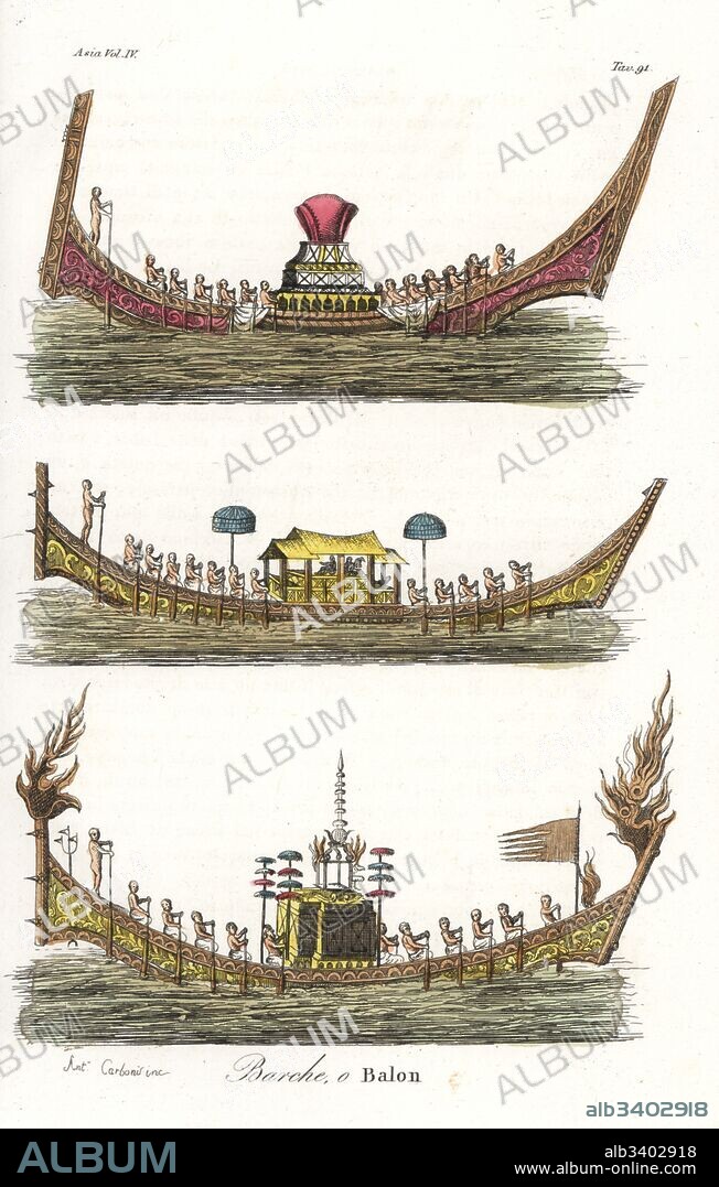 Royal barges at Ayutthaya, Kingdom of Siam, Thailand. Adapted from Simon de la Loubere. Handcoloured copperplate engraved by Antoni Carboni from Giulio Ferrario's Ancient and Modern Costumes of all the Peoples of the World, Florence, Italy, 1844.