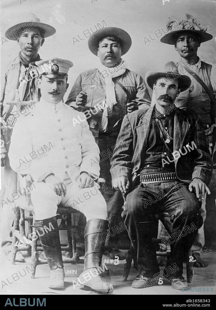 Salvaro Obregon Salido (1880-1928) Mexican general and politician, President of Mexico 1920-1924. Obregon as  Commander of the Constitutional  Army of the Northwest with his staff of Yaqui troops c1913.