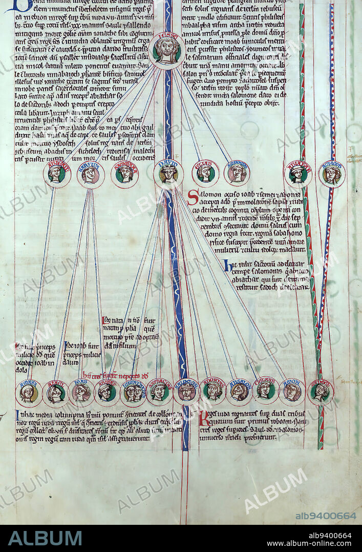 Peter of Poitier's Historical Genealogy of Christ, Genealogy of Christ from Jesse to Salomon, This English manuscript was created in the early thirteenth century, soon after the death of its author, Peter of Poitiers, theologian and Chancellor of the University of Paris from 1193 to 1205. It is an early copy of his text, the Compendium historiae in Genealogia Christi. Intended as a teaching manual aid, the work provides a visual genealogy of Christ, comprised of portraits in roundels, accompanied by a text discussing the historical background of Christ's lineage. It also includes episodes from biblical history, including Adam and Eve, Noah's ark, the Nativity, the Virgin and Child, the Crucifixion, and the Resurrection. Later manuscripts of this text are often presented in roll form.