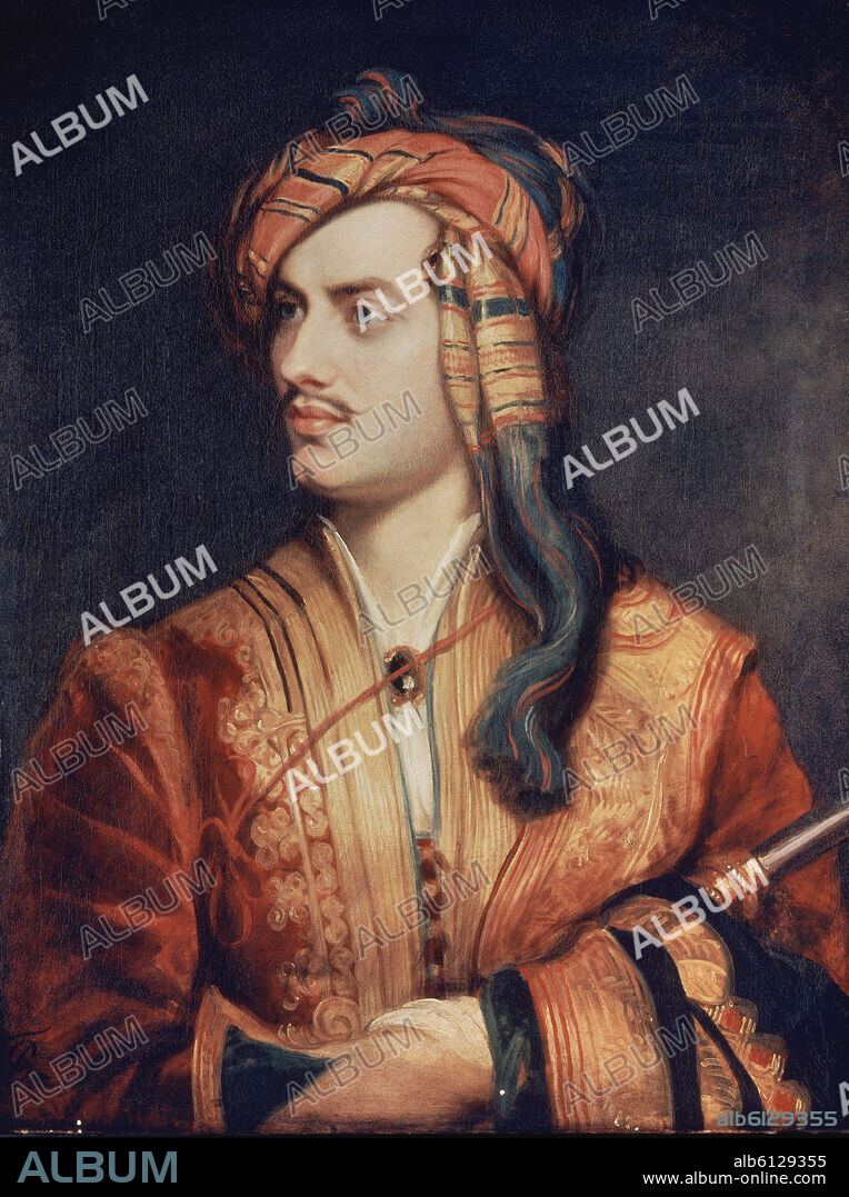 THOMAS PHILLIPS. LORD BYRON CON TRAJE ALBANES-GEORGE GORDON (1788/1824)POETA INGLES DEL ROMANTICISMO.