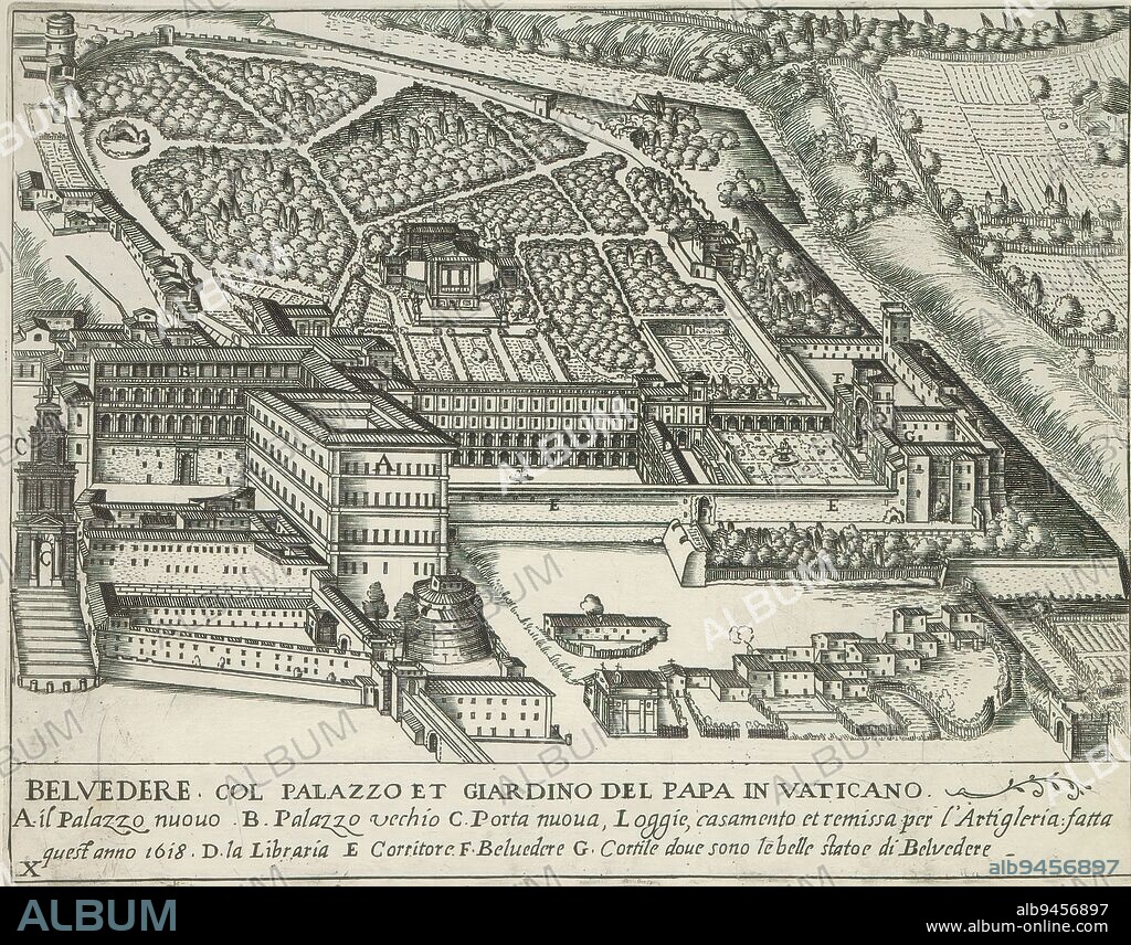 Apostolic Palace and Gardens in Vatican City, Belvedere col palazzo et giardino del Papa in Vaticano (title on object), Palaces and Gardens in Rome (series title), List with explanatory letters in lower margin. The print is part of an album., print maker: Matthäus Greuter, print maker: Govert van Schayck, print maker: Francesco Corduba, print maker: Italy, print maker: Italy, print maker: Italy, publisher: Rome, 1623, paper, engraving, height 175 mm × width 225 mm.