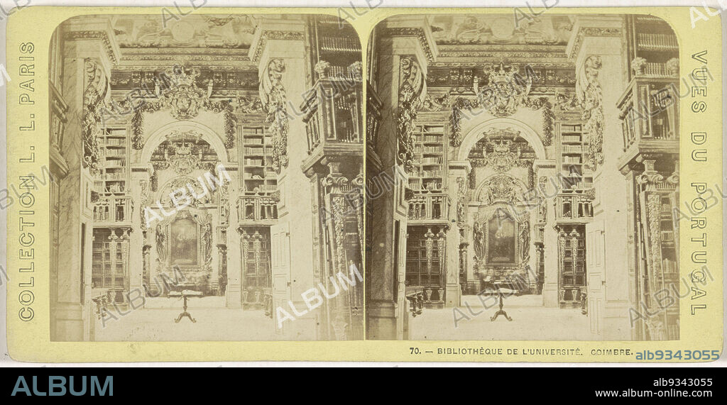 University Library or Biblioteca Joanina of Coimbra, Bibliothèque de l'Université. Coimbre (title on object), Vues du Portugal (series title on object), anonymous, publisher: Léon & Lévy (mentioned on object), Coimbra, publisher: Paris, 1868 - 1890, cardboard, paper, albumen print, height 85 mm × width 172 mm.