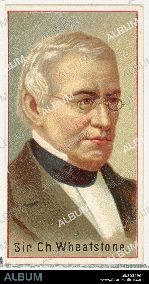 Sir Charles Wheatstone, printer's sample for the World's Inventors souvenir album (A25) for Allen & Ginter Cigarettes. Dimensions: Sheet: 2 3/4 x 1 1/2 in. (7 x 3.8 cm). Publisher: Issued by Allen & Ginter (American, Richmond, Virginia). Date: 1888.
Printer's samples for the collector's album "World's Inventors" (A25), issued in 1888 to promote Allen & Ginter brand cigarettes. Citing Burdick's "The American Card Catalog": "Souvenir albums of this type, as issued by the tobacco companies, were probably intended to replace the individual cards if the smoker so desired, or at least enable him to own the entire collection of designs without the difficulty attendant to obtaining all the individual cards in a set. Later, their popularity induced the tobacco companies to publish a few albums that had no card counterparts. All were given in exchange for coupons packed with the cigarettes, usually 75 or 100 coupons for each album...All date in the 1888-1890 period." This series depicting inventors was never issued as individual cards and only released in album form. However, this set of printer's proofs retain individual card form.