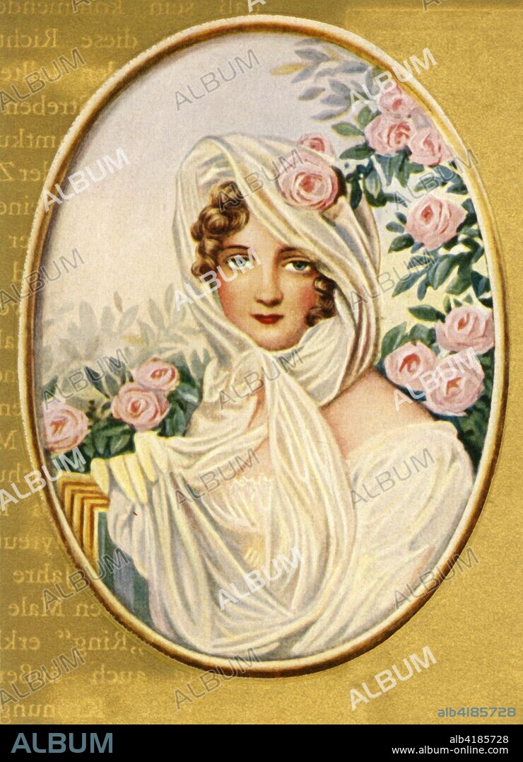 'Katharina Fürstin Bagration-Skawronska', (1933). Portrait of Princess Catherine Bagration (1783-1857), wife of Russian general Pyotr Bagration. She was famous for her love affairs, and travelled extensively in Europe in a carriage equipped with a bed. After a miniature of 1812 by Jean-Baptiste Isabey. From "Gestalten Der Weltgeschichte", a book of cigarette-card portrait miniatures of figures in world history from the last four hundred years. [Germany, 1933].