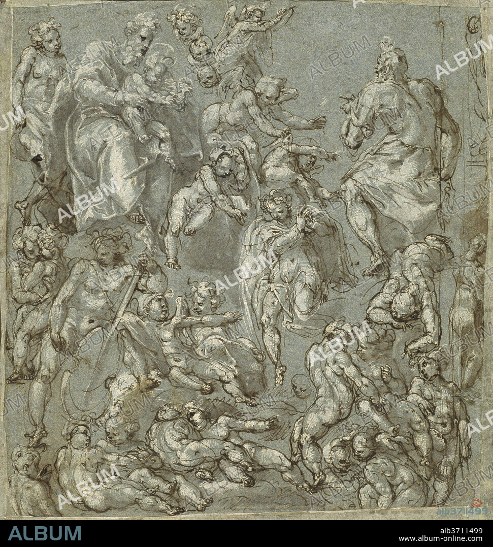 CESARE POLLINI. Saint Joseph and the Christ Child with Angels and Putti. Dated: 1590/1600. Dimensions: overall: 27.8 x 26.2 cm (10 15/16 x 10 5/16 in.). Medium: pen and brown ink with gray and brown wash, heightened with white gouache on blue laid paper.