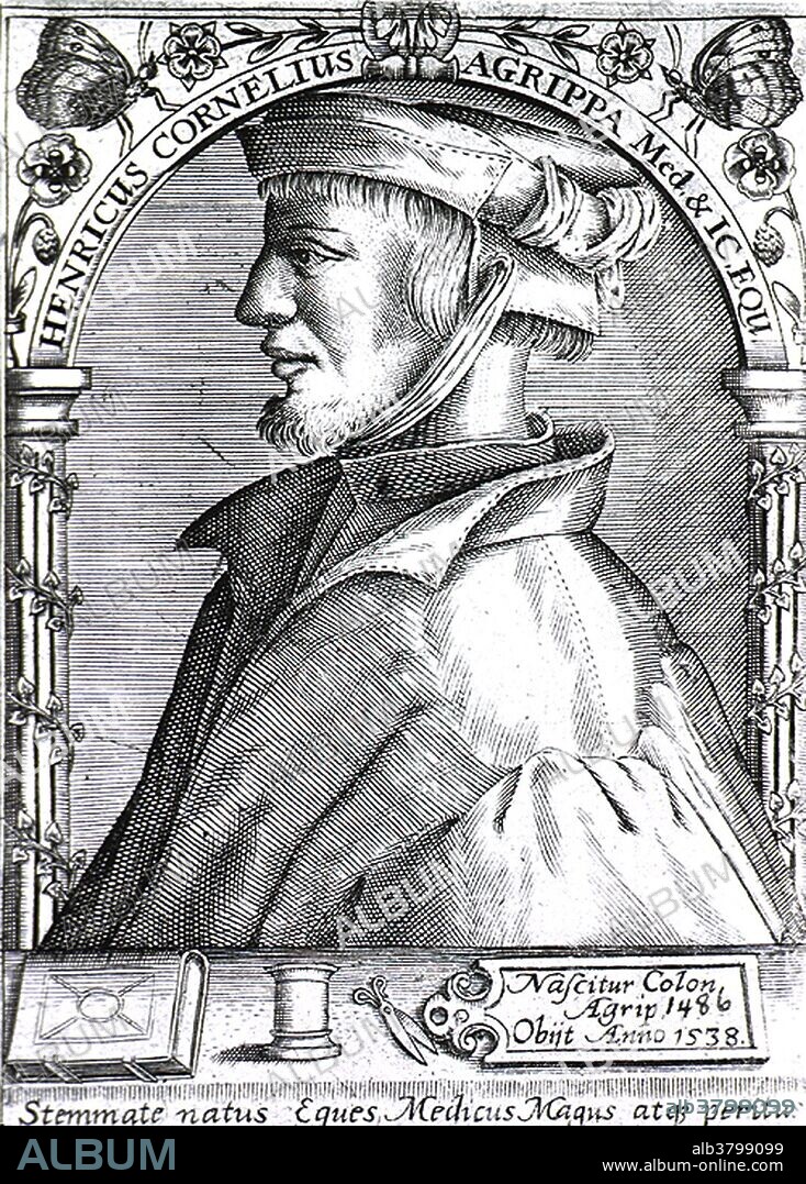 Heinrich Cornelius Agrippa von Nettesheim (1486-1535) was a German magician, occult writer, theologian, astrologer and alchemist. In 1510, he studied briefly with Johannes Trithemius, and Agrippa sent him an early draft of his masterpiece, De occulta philosophia libri tres; a study of elemental, celestial, and intellectual magic. The book discusses the four classical elements, (earth, air, fire, and water), astrology, numbers, angels, gods, mystical names and virtues, and how they relate to medicine and alchemy. During his wandering life in Germany, France and Italy he worked as a theologian, physician, legal expert and soldier. After Agrippa's death in 1535, rumors circulated about him summoning demons and that on his deathbed he released a black dog which had been his familiar.