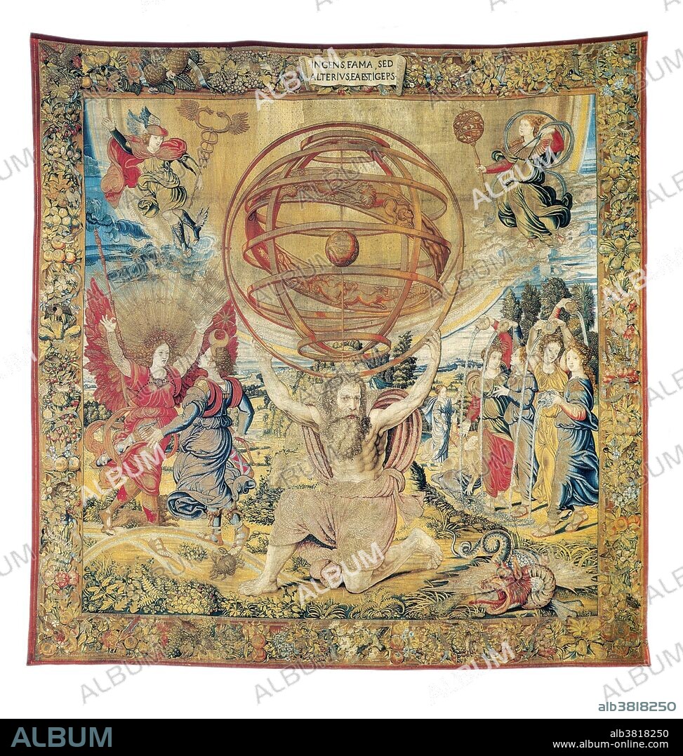 "Atlas Supporting the Armillary Sphere," circa 1530, by George Wezeler, Brussels, Belgium. An armillary sphere (variations are known as spherical astrolabe, armilla, or armil) is a model of objects in the sky (in the celestial sphere), consisting of a spherical framework of rings, centered on Earth, that represent lines of celestial longitude and latitude and other astronomically important features such as the ecliptic. In astronomy, the geocentric model (also known as geocentrism, or the Ptolemaic system), is the superseded theory that the Earth is the center of the universe, and that all other objects orbit around it. Ptolemy was an Egyptian polymath, who made studies in astrology, astronomy, geography and mathematics.