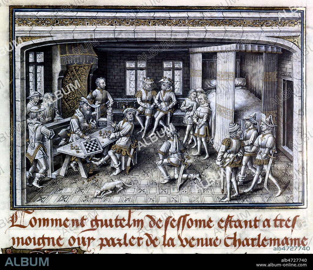 Scene dans une taverne, des hommes jouent aux echecs. Enluminure par Jean LE TAVERNIER tiree des Chroniques de Charlemagne par David AUBERT. Manuscrit medieval du 15eme s. (XVe, 15e s.) conserve a la bibliotheque royale de Bruxelles. Credit : Collection JEAN VIGNE / KHARBINE-TAPABOR.