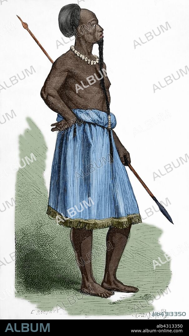 Africa Central. Kiteté, jefe de Mpungu. Dibujo por Etienne Ronjat (1822-?). Grabado por Charles Barbant. Coloreado. Africa Inexplorada, El Continente Misterioso, por Henry Morton Stanley, h. 1887.