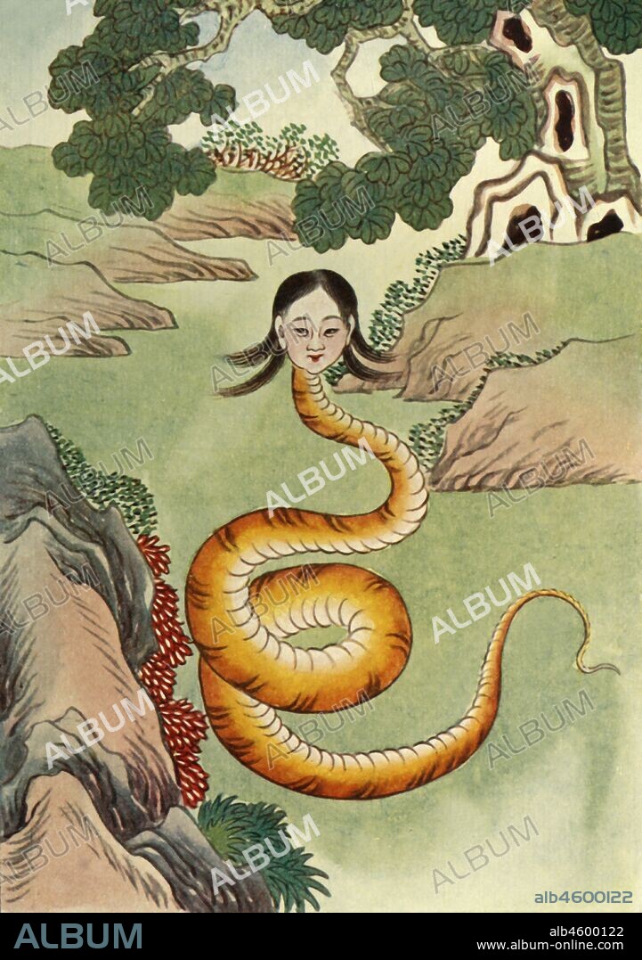 'Nu Kua Shih', 1922. Nu Gua, mother goddess of Chinese mythology, a snake goddess, creator of humankind and matchmaker credited with inventing the idea of marriage. From "Myths and Legends of China", by E. T. C. Werner. [George G. Harrap & Co. Ltd., London, Calcutta, Sydney, 1922].