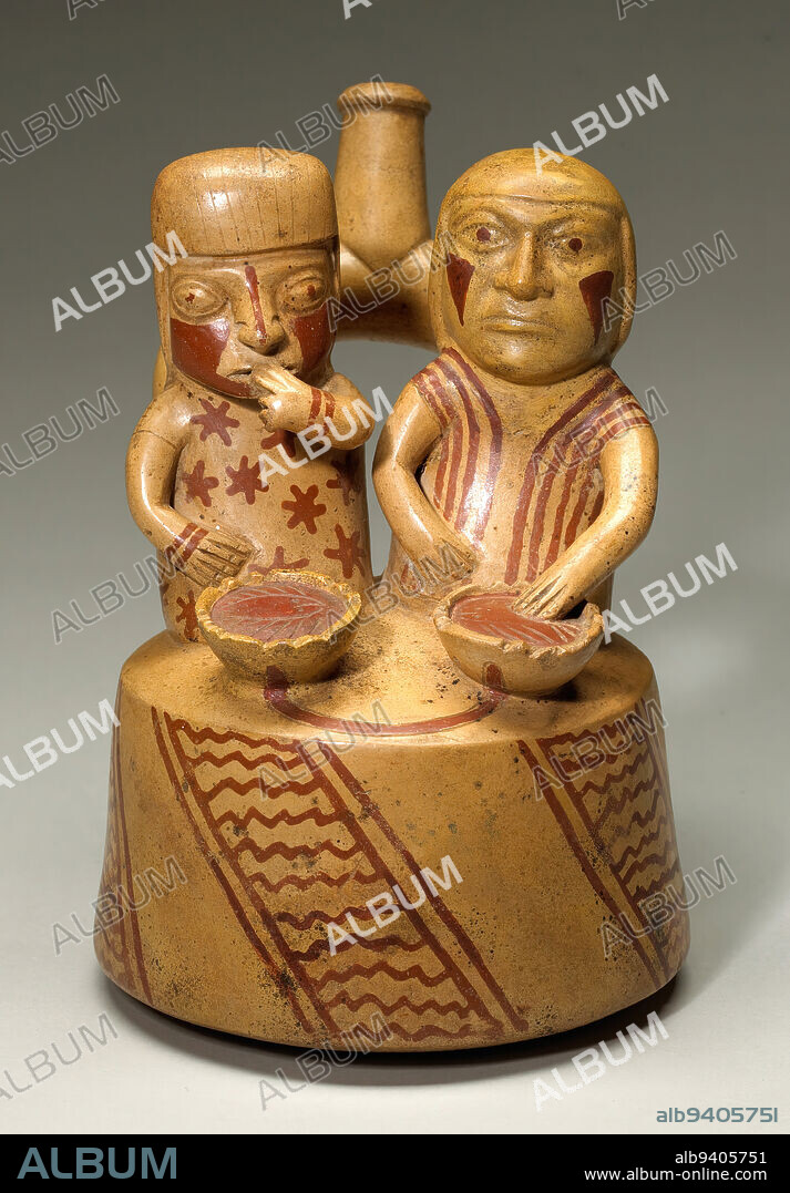 Vessel, c. 100-200, 7 1/4 x 5 1/8 x 6 1/4 in. (18.42 x 13.02 x 15.88 cm), Ceramic, pigment, Peru, 1st-2nd century, Few textiles from the Moche culture have survived Northern Perus damp climate intact, but expressive ceramics give us clues into the textile tradition. This jar depicts an elite couple dining on seafood. Moche artists represented people of high status wearing luxurious patterned garments through detailed painted designs, while commoners wore plain clothing. This couples rank is also indicated by their head coverings and face paint. Vessels like this were too elaborate for daily use and likely reserved for ceremonial occasions and for inclusion in burials.