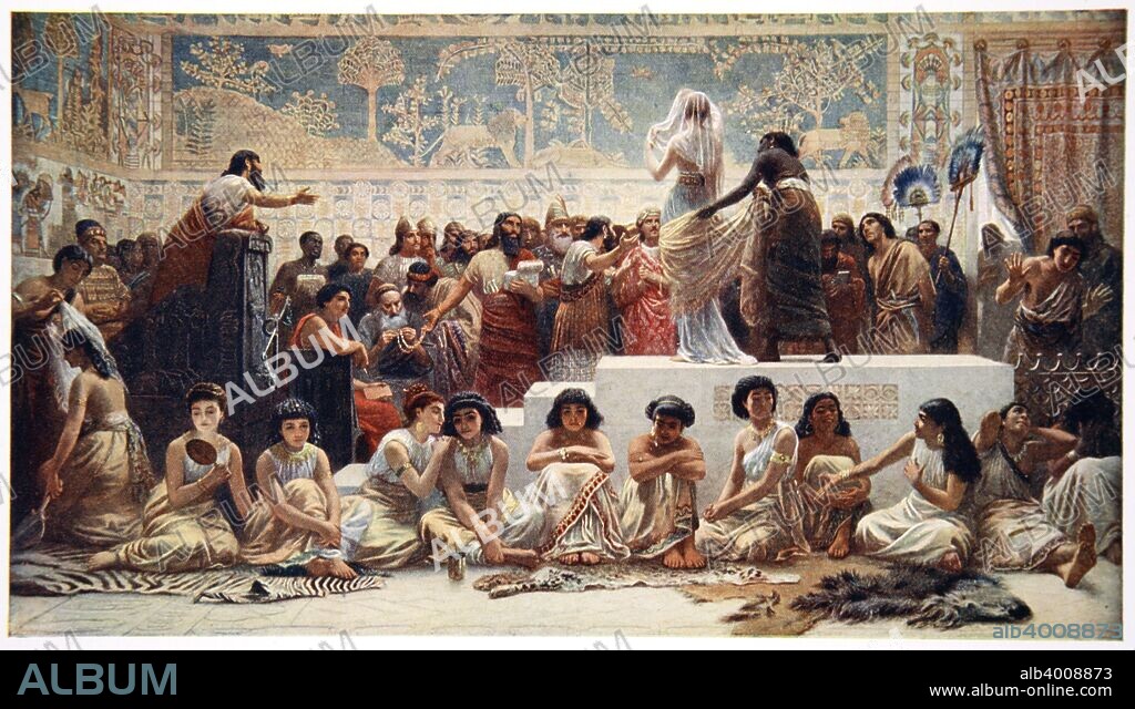 'The Babylonian Marriage Market', 1915. After a painting by Edwin Longsden Long (1829-1891). Illustration from Myths of Babylonia and Assyria by Donald Alexander Mackenzie, 1915.