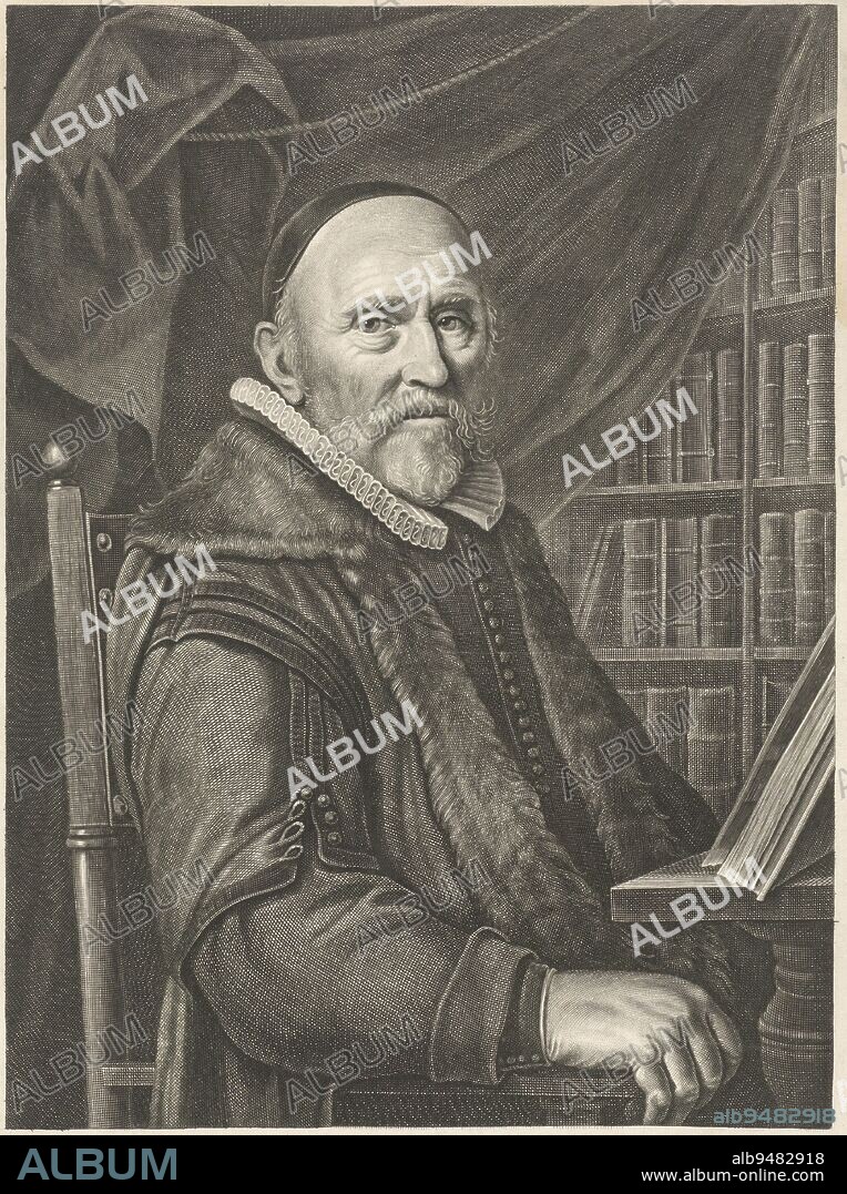 Portrait of George Goethals, at the age of 83, pastor at Blaricum and Laren. In the margin a four-line caption with the name and function of the person portrayed in Latin. Below a four-line poem of praise in Latin and Dutch, Portrait of George Goethals, print maker: Reinier van Persijn, (mentioned on object), after: Christoffel Pierson, (mentioned on object), Guiljelmus Saldenus, Gouda, 1667, paper, engraving, h 336 mm × w 223 mm.