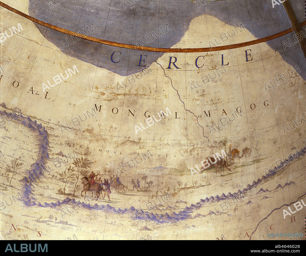 'Mongal Magog' (Natifs et chameaux de Bactriane de Siberie et de Mongolie). Detail du globe terrestre de CORONELLI Vincenzo (1650-1718) offert a Louis XIV en 1683. Credit: Larrieu-Licorne/KHARBINE-TAPABOR.